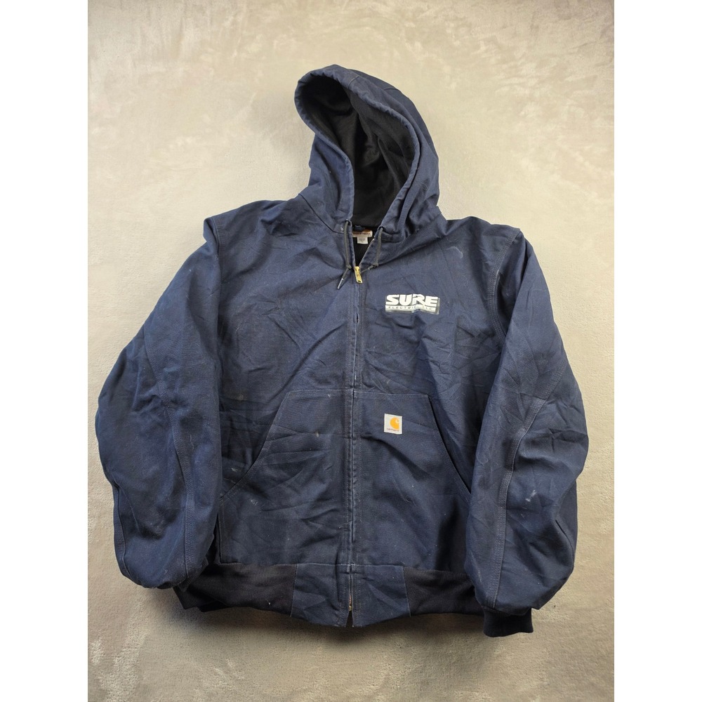 Carhartt Active Jacket J131 Mens XL Blue Canvas Workwear Thermal Lined Hood USA